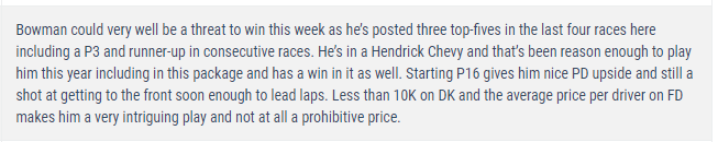 theselzman's tweet photo. If you had listened to my #AlarmAfterHours interview on Thursday or had read my content this week for #DFS #NASCAR at @FantasyAlarm and my betting content @WagerAlarm for the #Drydene400 you'd have known to be on Alex Bowman. https://t.co/AMVYQMMU0u