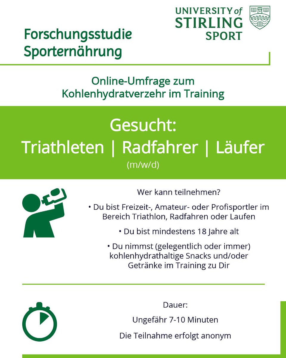 Liebe Triathleten, Läufer und Radfahrer (m/w/d) - wir brauchen Eure Unterstützung!

Du nimmst (gelegentlich/immer) kohlenhydrathaltige Snacks und/oder Getränke im Training zu Dir? Dann laden wir Dich herzlichst ein, an unserer Umfrage teilzunehmen: 
🔗surveymonkey.de/r/Sporternaehr…