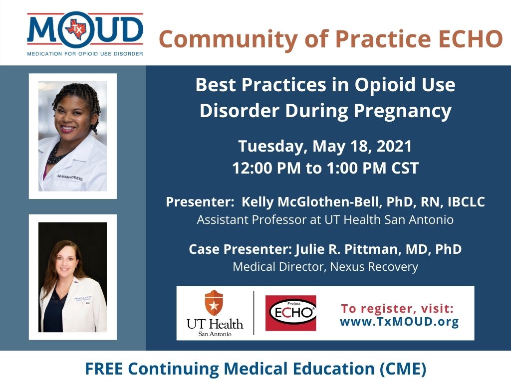 BeWellTexas's tweet photo. Join the Texas MOUD Community of Practice ECHO "Best Practices in OUD During Pregnancy" this Tuesday, May 18th! Register at: https://t.co/YAd8OktMI2 #txmoud @DrJSPotter https://t.co/ye27DyMqWt