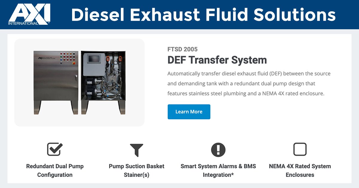 AXInternational's tweet photo. Developed with the same principles that proved successful for our fuel management equipment, AXI International's FTSD 2005 Diesel Exhaust Fluid (DEF) Transfer System is engineered to the highest standard and can be fully customizable upon customer request. https://t.co/3BAeDFHUGt