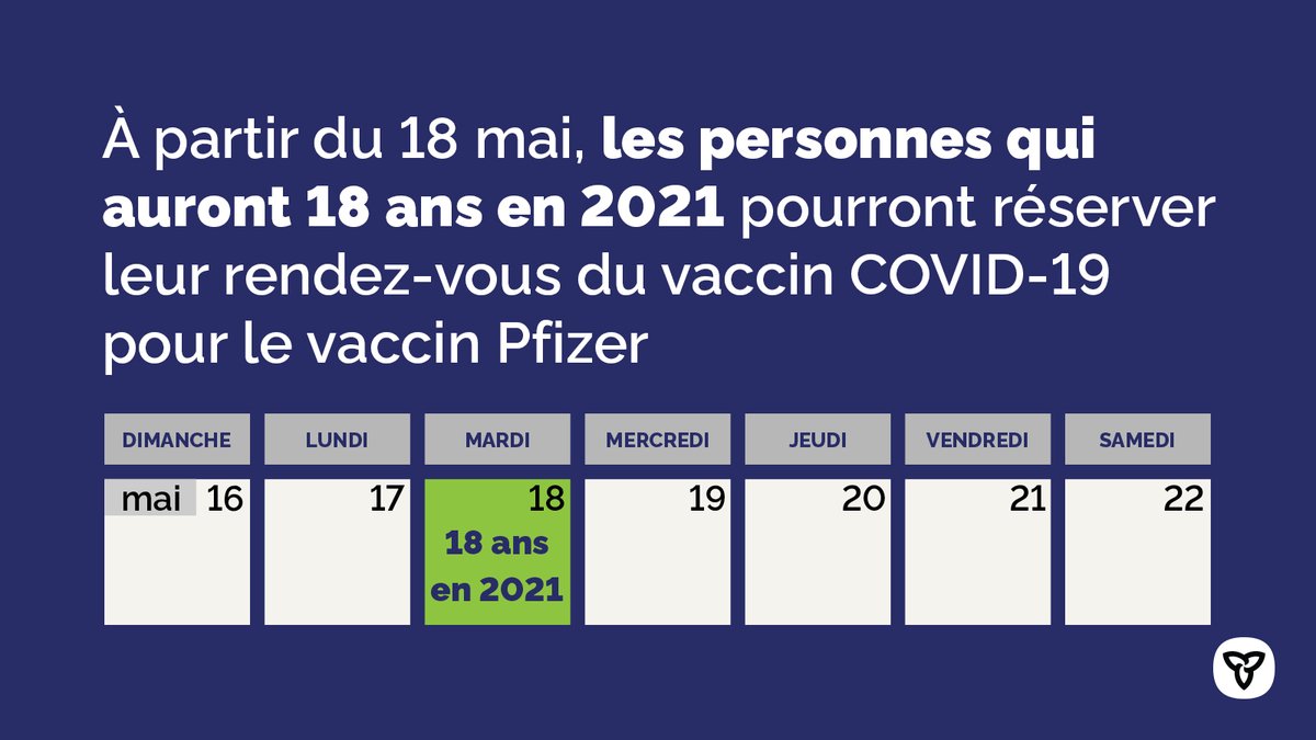 À partir du 18 mai, les personnes qui auront 18 ans en 2021 pourront réserver leur rendez-vous du vaccin COVID-19 pour le vaccin Pfizer