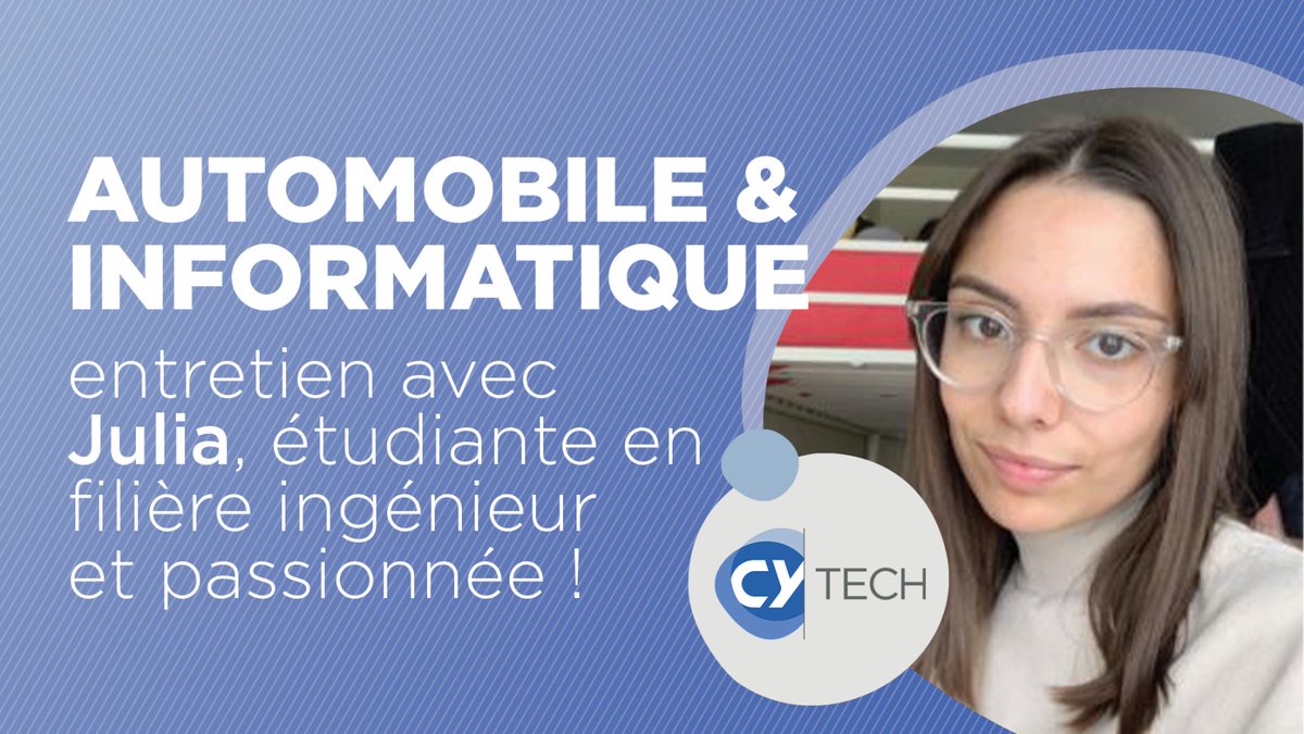 CY__Tech's tweet photo. [#LundiPortrait] 👩🚙Passionnée depuis toujours par l'#automobile, Julia a rejoint #CYTech dans le but de devenir ingénieure en #informatique embarquée et rejoindre le secteur qu'elle aime tant ! 👉https://t.co/rrYxJVyEtF https://t.co/ISAayJctF2