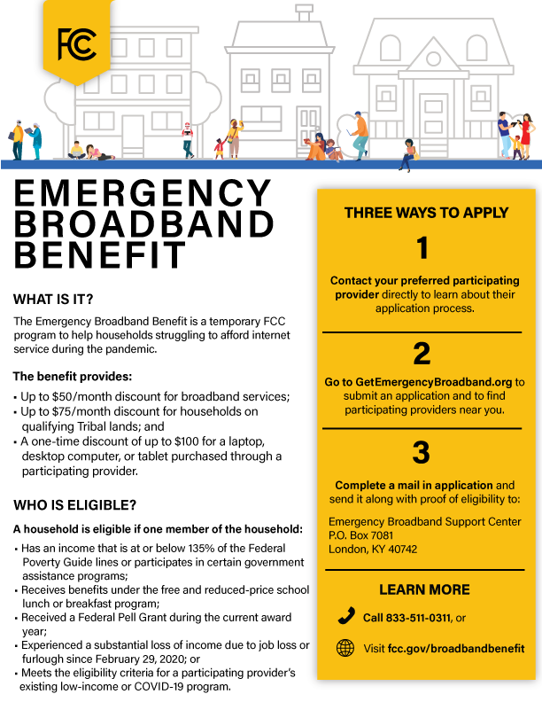 IthacaNYSchools's tweet image. Enrollment in the Emergency Broadband Benefit is now open! This temporary @FCC program is intended to help families and households struggling to afford internet service during the COVID-19 pandemic. See if you qualify and learn more at fcc.gov/broadbandbenef…. #BroadbandForAll