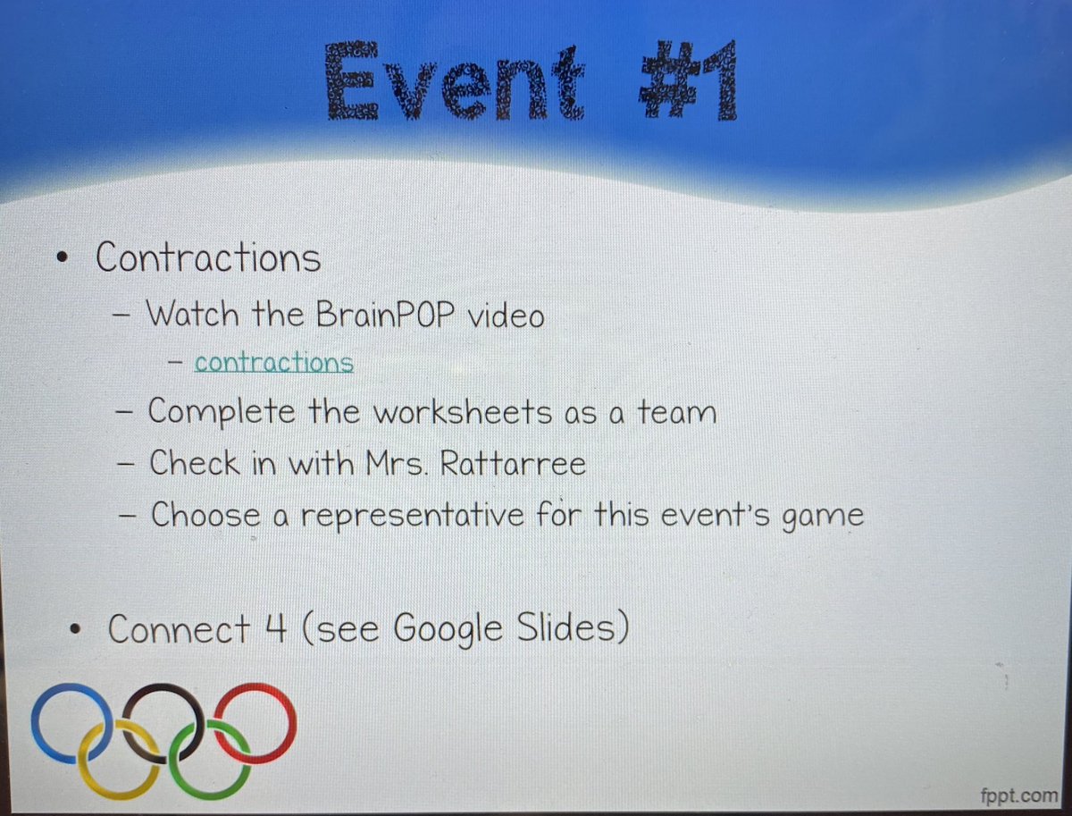 MrsRattarree's tweet photo. We had our Opening Ceremony & first event of the 2021 ELA Olympic Games this morning! Delegates from 4 countries work together to learn about contractions & then choose a representative to play Connect 4! #Proud2bFSES https://t.co/WhjgiWtxk8