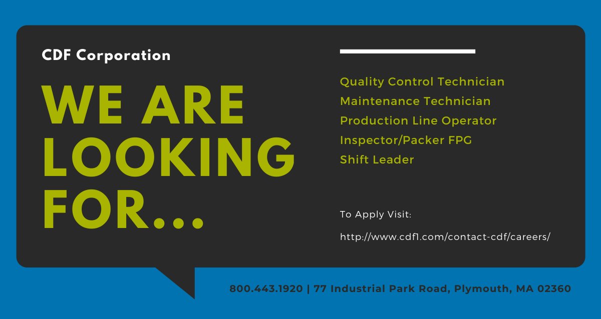CDFCorp's tweet image. We're hiring!

Want to be part of our team? We're hiring positions in manufacturing, quality, and maintenance! 

Follow the link to learn more &amp;amp; apply: hubs.ly/H0NsHTh0