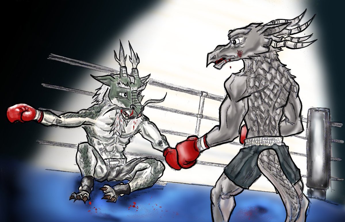 V1p3rw01f113's tweet photo. Ao (The Eastern Dragon) fell on the canvas, with blood dripping out from his snout like open tap. Confused.
Krupp (the Western Dragon) is pleased to have his revenge.
#boxingart #boxing #boxing_gloves #boxing_ring #Anthro #Dragon #Western_dragon
#vs #Eastern_dragon #furryart https://t.co/wDSii9niDi