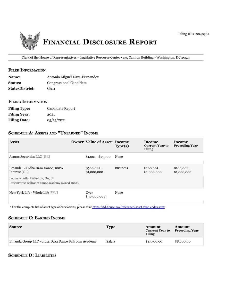 CATargetBot's tweet image. NEW HOUSE CAND FINANCIAL DISCLOSURE
CANDIDATE REPORT
Antonio Miguel Daza-Fernandez
#GA11
clerk.house.gov/public_disc/fi…