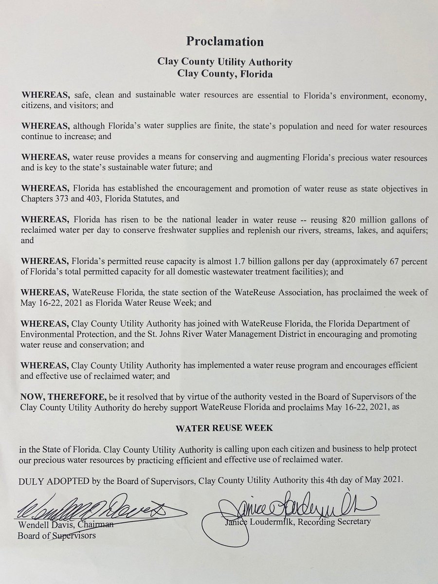 CCUA's Board of Supervisors adopted a proclamation designating May 16-22, 2021 as Florida Water Reuse Week. <a href="/FLRecyclesH2O/">WateReuseFL</a>, <a href="/FLDEPNews/">Florida DEP News</a>, <a href="/SJRWMD/">SJRWMD</a> and CCUA are working together to encourage and promote water reuse and  conservation. #WaterReuseWeek