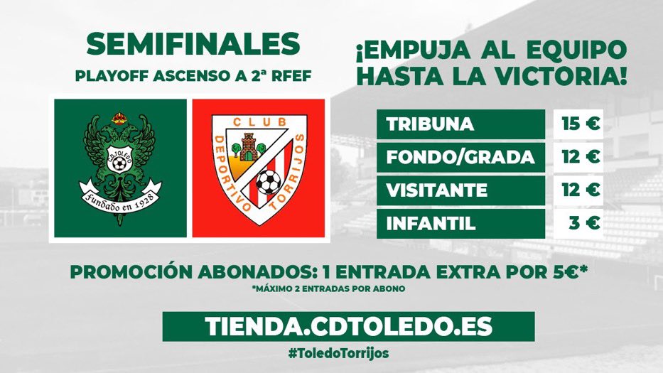 info_cdtoledo's tweet photo. 🎟PRECIOS DE LAS ENTRADAS🎟
CADA ABONADO 1 ENTRADA EXTRA POR 5€ MAXIMO 2 ENTRADAS POR ABONO . 

👉TRIBUNA 15€
👉FONDO/GRADA 12€
👉INFANTIL 3€ 

No te quedes sin la tuya !!!💚💚💚

#JuntosLoLograremos💚 https://t.co/EFQrJYtehD