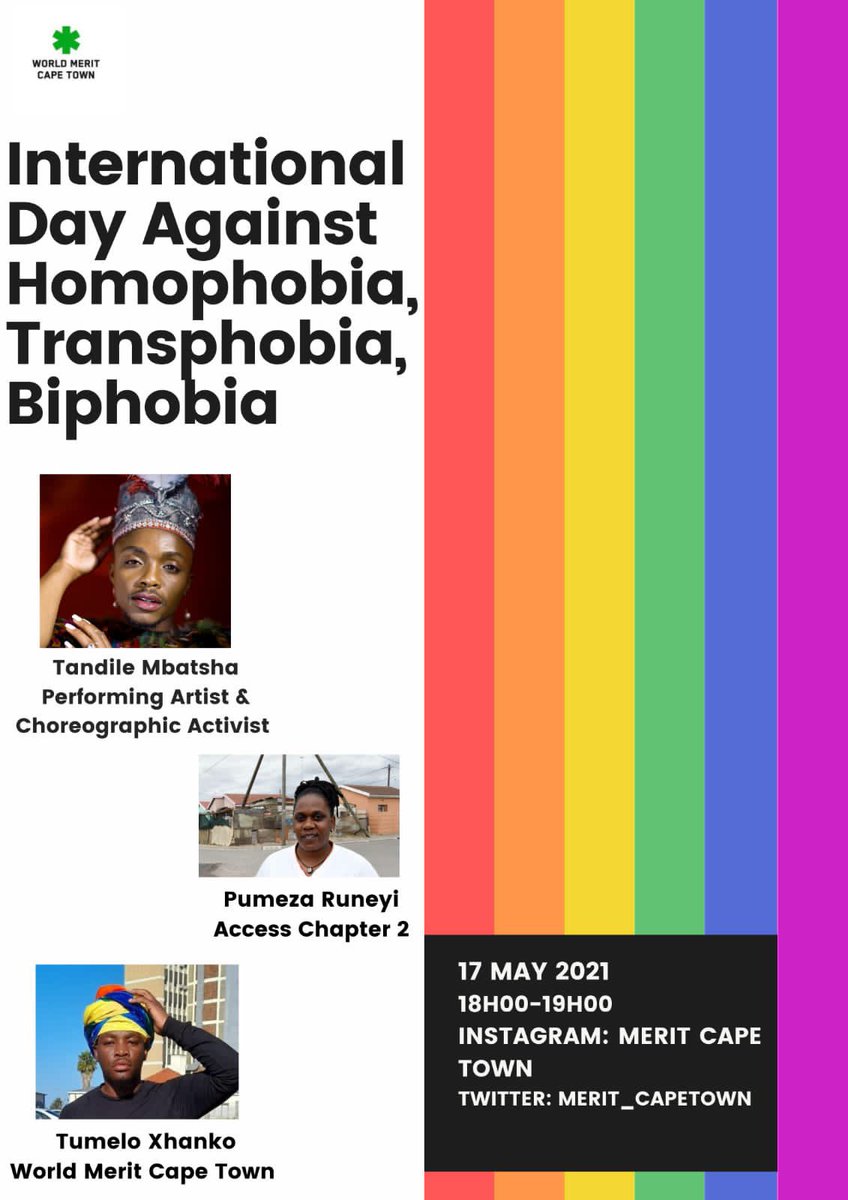In observing IDAHTB - join us with our 2 guests; Pumeza Runeyi from Access Chapter 2 and Tandile Mbatsha, a performing artist and choreographer. #These phenomenal activists have been involved in advocating for  LGBTQI+ issues for many years. Join us tonight at 6pm-7pm