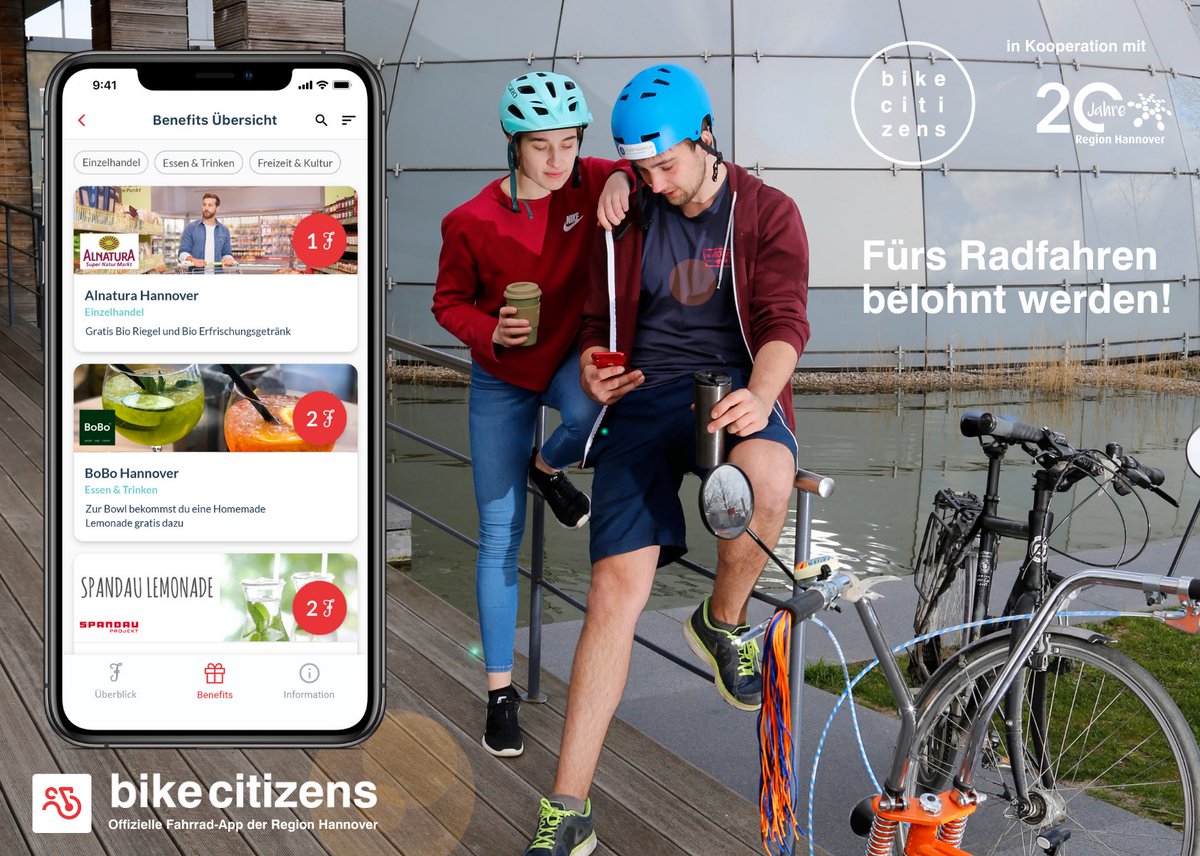 Hallo! Radfahren zahlt sich jetzt doppelt aus - mit der Bike Benefit Kampagne in der Bike Citizens App, der offziellen Fahrrad-App der Region Hannover. #BikeBenefitRegionHannover bikebenefit.bikecitizens.net/hannover/