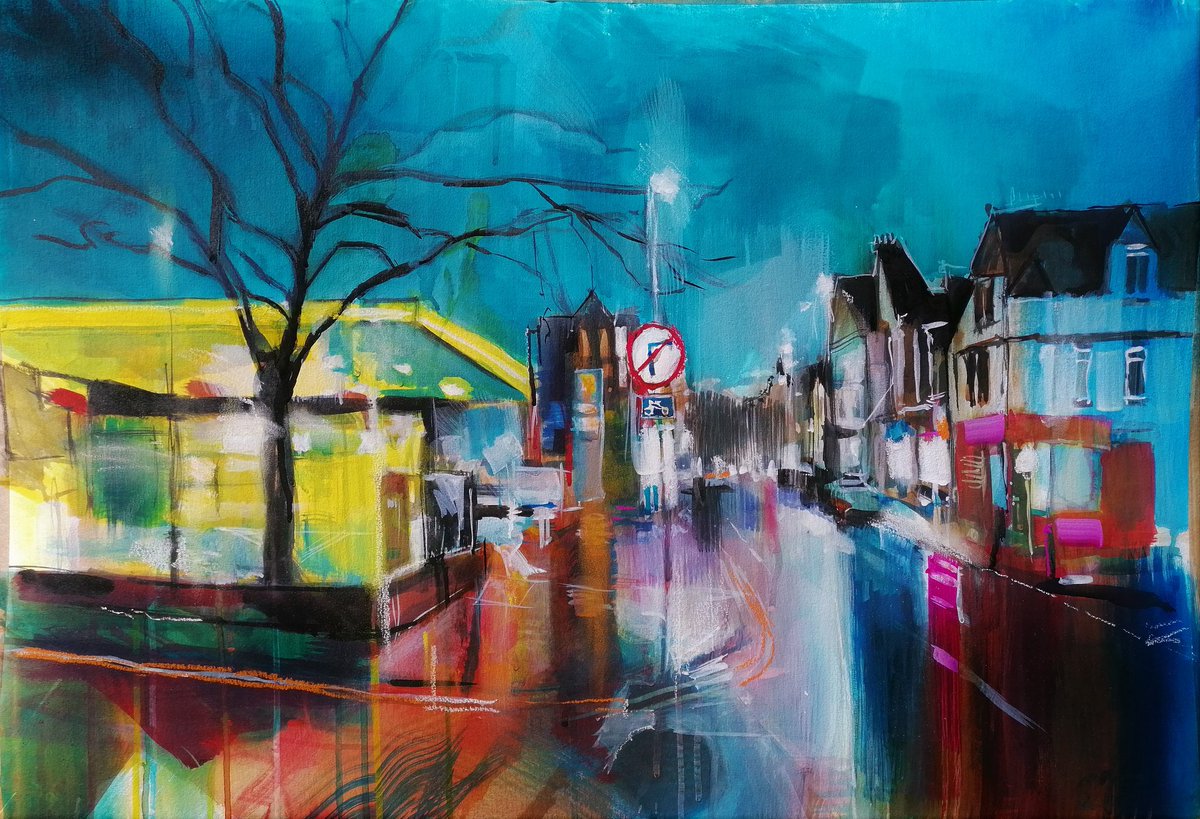bas21_art's tweet photo. A night scene heading out of the city in #StokeOnTrent by Dan Robbins. 2021. #MixedMedia on paper.
The electric colours capture the neon splashes which race across asphalt surfaces on such a rain soaked evening.
@danro_art #notquitelight #urbanscape #nightscape #citynight #art https://t.co/lpDh0cIAKe
