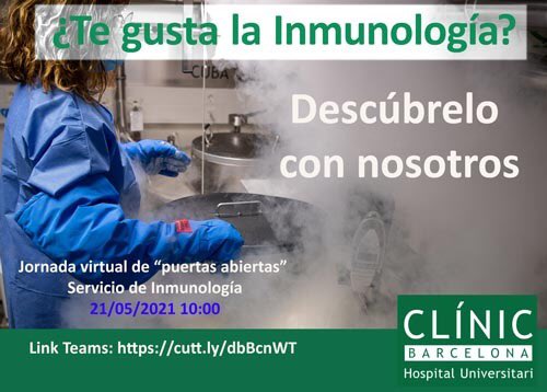 🚨 ¿Quieres hacer la residencia en Inmunología? 👉🏼El próximo Viernes 21 a las 10:00 nos conectaremos via TEAMS para responder a tus preguntas sobre la especialidad. LinkTeams: cutt.ly/dbBcnWT Ofertamos 1 #FIR y 1 #MIR <a href="/SEinmunologia/">SEInmunología</a> Para más info immuno_com@clinic.cat