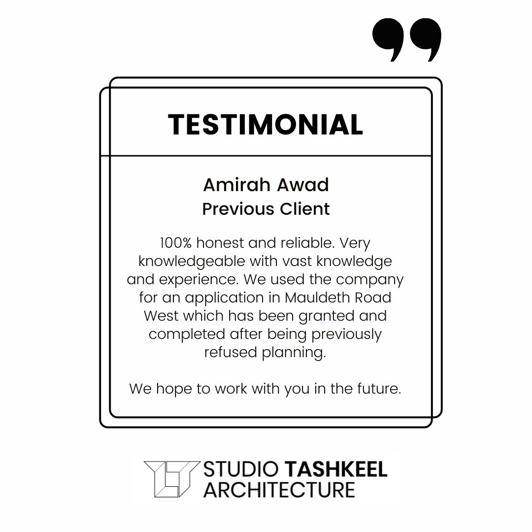 StudioTashkeel's tweet photo. A great testimonial from Amirah, one of our residential clients.

We worked with Amirah on a tricky commercial planning application which was originally refused.

We managed to have it successfully approved &amp; now the construction is complete.

Happy clients = happy us! https://t.co/BBUojmaMof