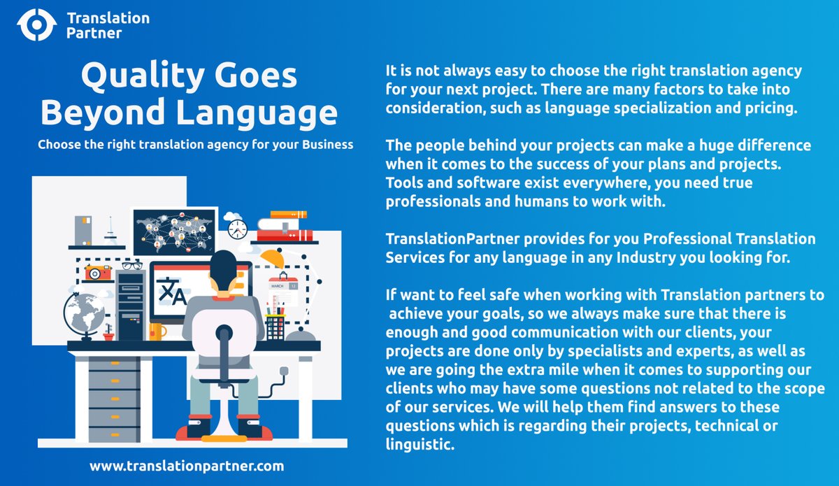 Quality Goes Beyond Language
Choose the right translation agency for your Business

#translations #translating #translators #translator #translationservices #translationagencies #translationagency #localizations #localizationagencies