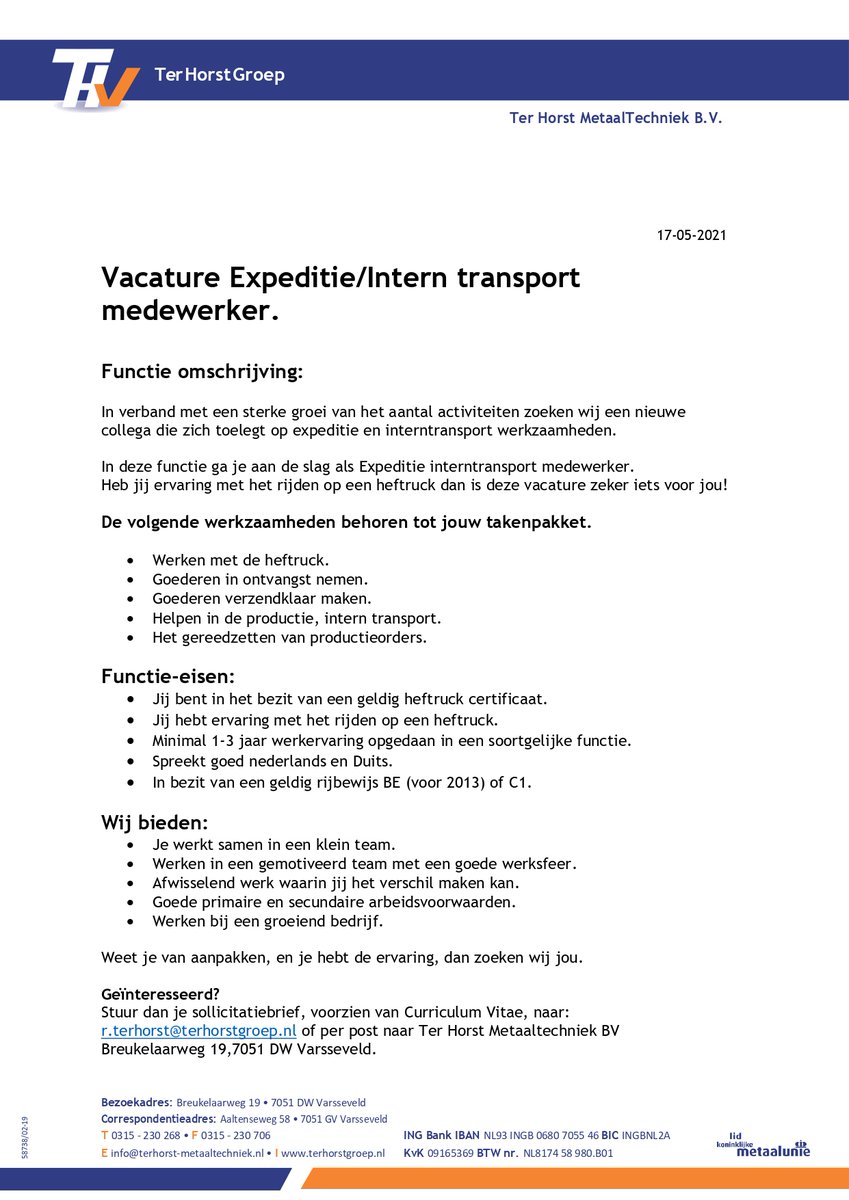 THVM19's tweet photo. Vacature Expeditie-/ Intern transport medewerker
#terhorstmetaaltechniek #terhorstgroep #vacature https://t.co/T3MB7MY7rY