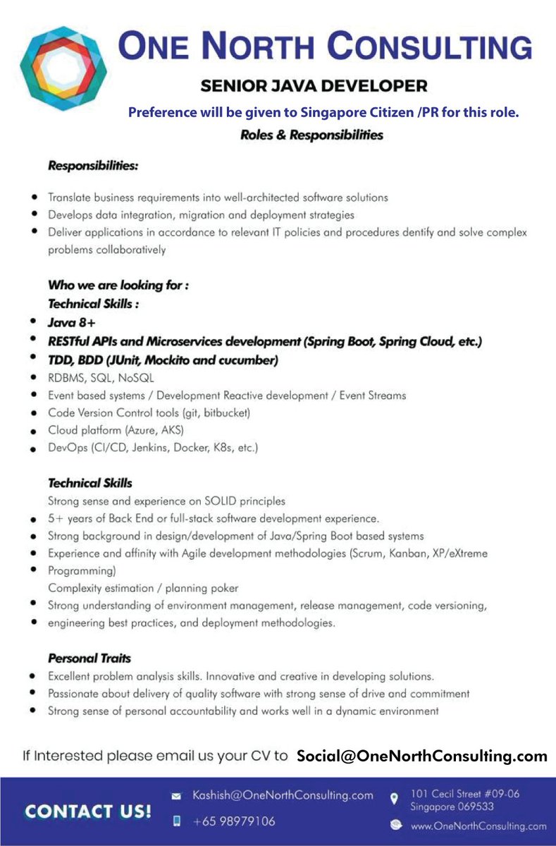 OneNorthSG's tweet image. If you’re interested in Senior Java Developer, we’d like to hear from you!
Send in your CV to Social@OneNorthConsulting.com and we'll call you for a discussion!
#singaporejobs #seniorjava #javadeveloper #DevOps #Docker #springboot #java8 #jobhunting #seniorjavadeveloper #SQL