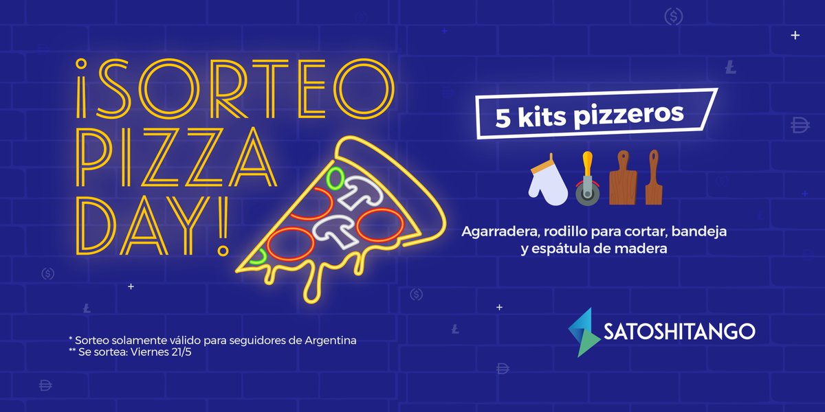 SatoshiTango's tweet image. ¡Se viene el pizza day🍕 y queremos festejarlo como corresponde! Por eso sorteamos 5 kits pizzeros entre nuestros seguidores. 
¿Cómo participar? Muy fácil:
👉🏻Seguirnos en twitter
👉🏻Citar el tweet con tu pizza y cripto favorita
*Sorteo válido para nuestros seguidores de Argentina.