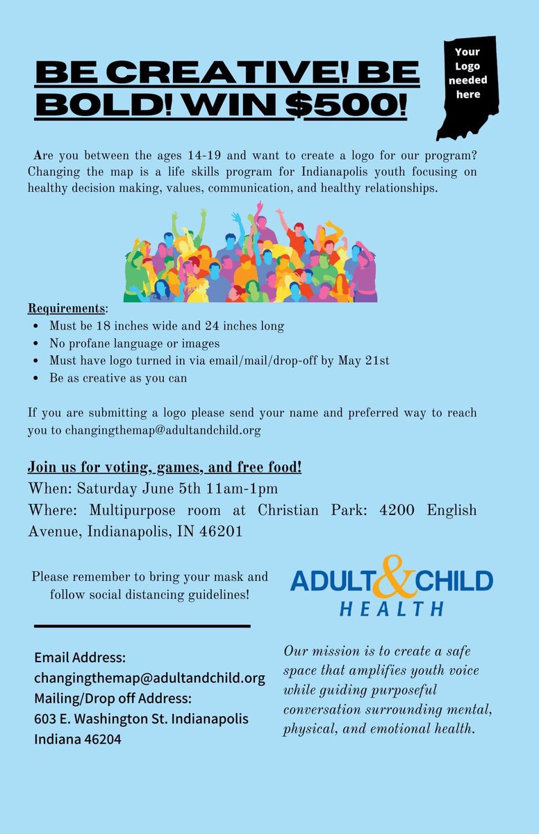 TheBelindaDrake's tweet image. Friendly reminder, the deadline for #ChangingTheMap @adultandchild Youth Logo Contest is this Friday, May 21st. Winner will receive 💲5️⃣0️⃣0️⃣!