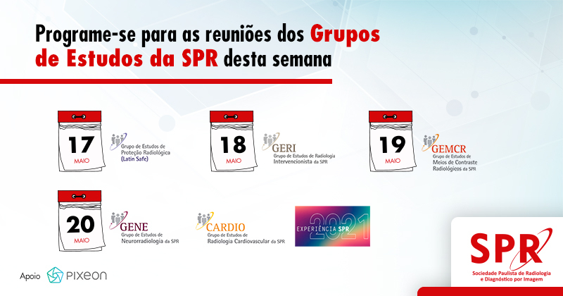 spradiologia's tweet photo. Confira a agenda de reuniões dos Grupos de Estudos da SPR desta semana, que conta com encontros do #LatinSafe, #Geri, #GEMCR, #Gene e #Cardio - que recebe a Experiência SPR 2021. https://t.co/8GvOCEQUgY