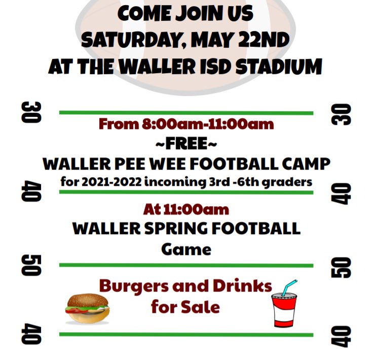 🚨📢Hey Dogs...📢🚨
Waller Pee Wee Football is hosting a FREE Football Camp and following the camp <a href="/waller_football/">Waller Football</a> will be having our Annual Spring Football Game!

📅 Saturday May 22nd
⏰ Camp 8 am-11 am 
🏈 Kickoff 11 am
📍WISD Stadium