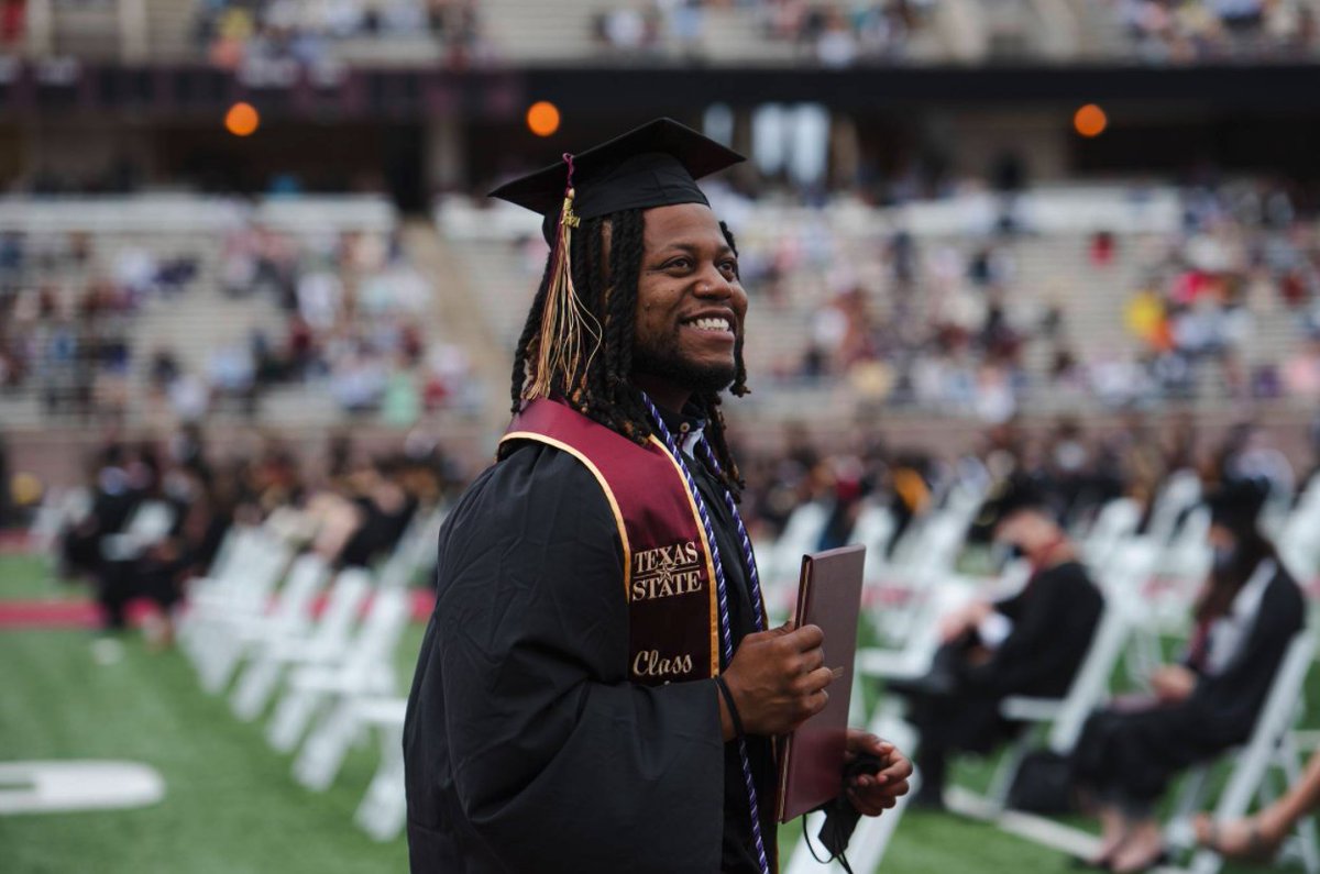txst's tweet photo. Our class of #TXST21 will be defined by their strength, tenacity &amp; unbelievable courage.

No one can ever take away this moment &amp; all that you have accomplished. Congratulations, you did it! #TXSTGrad #TXST https://t.co/tE95SqBcHW
