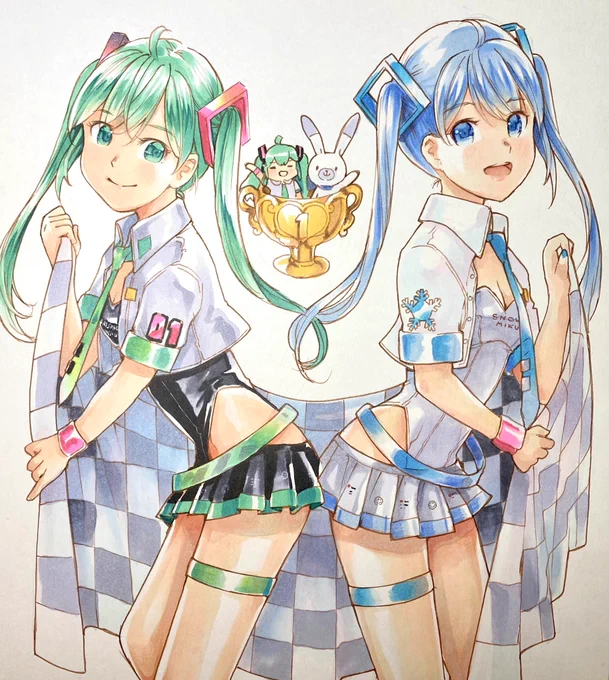 Original Racing Miku &amp; Snow Miku
¶(⁄•˅̮•∖ )⁋🏁¶(❄︎⁄•˅̮•∖)⁋

なんて、どうかな? 