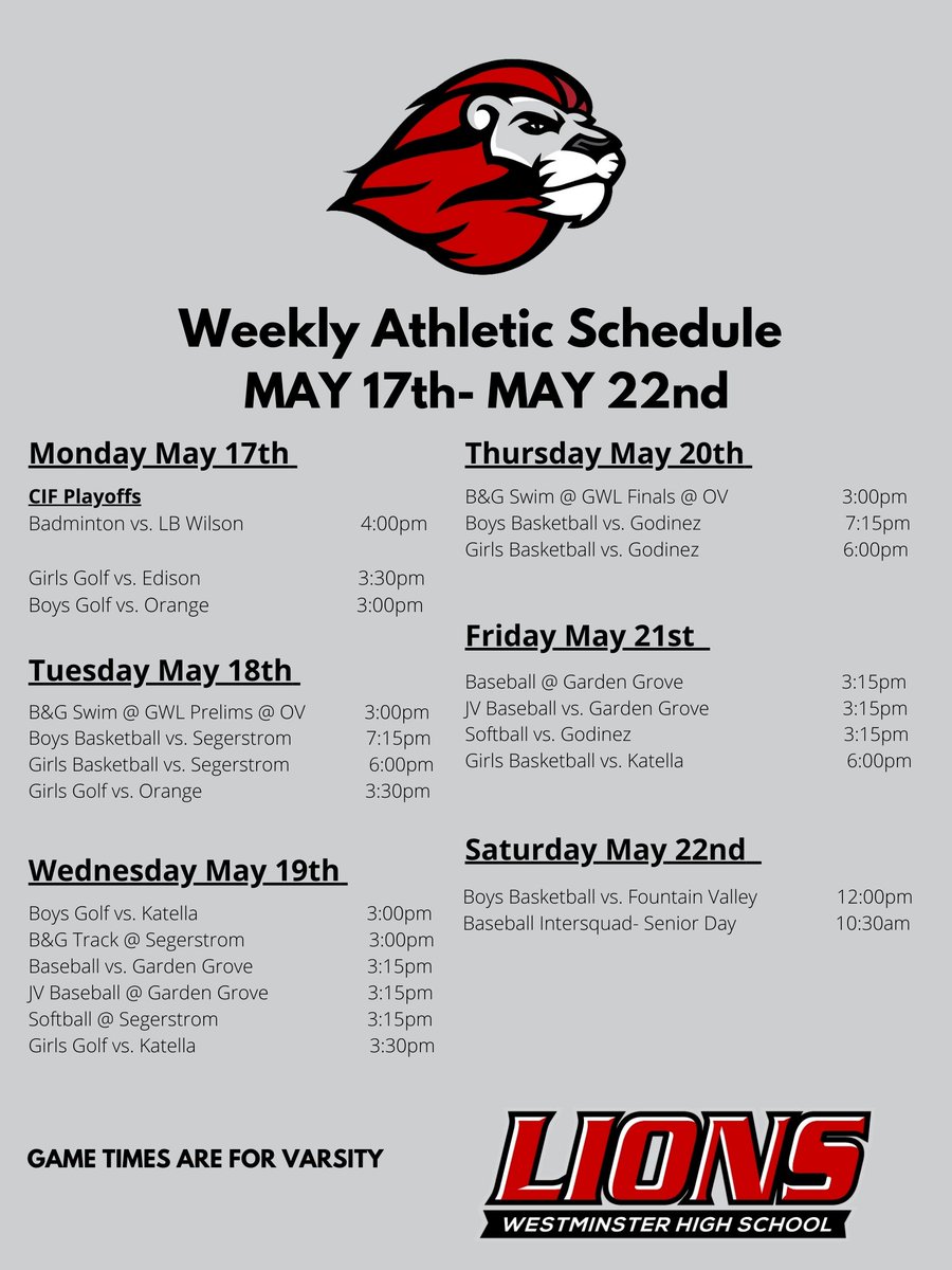 Weekly Athletic Schedule 
Let's Go Lions! #ourpride