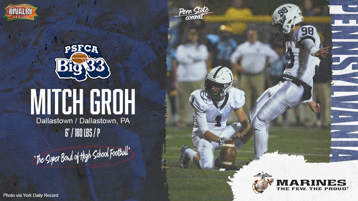 Congratulations to Dallastown P @Mitchell_groh on being selected to the 2021 Big 33 Football Classic. Your vote could help him secure a $1,000 donation to his school.

VOTE Mitch 'Fan Favorite' ➡️ bit.ly/33a7hEi

Presented by: <a href="/KeystoneMarines/">Harrisburg Marines</a>