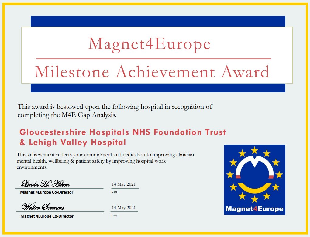 Gloucestershire Hospitals NHS Foundation Trust (@gloshospitals) on Twitter photo We are proud to announce that <a href="/gloshospitals/">Gloucestershire Hospitals NHS Foundation Trust</a> have been awarded the <a href="/Magnet4Europe/">Magnet4Europe</a> Milestone Achievement Award! This award is in recognition of completing the M4E Gap Analysis. Thank you to our twinned hospital <a href="/LVHN/">Lehigh Valley Health Network</a>
<a href="/JaneEBall/">Prof Jane Ball (FRCN)💙</a> <a href="/LindaAiken_Penn/">Linda H. Aiken</a> <a href="/sphams/">Steve Hams</a> @jon_burford1979 <a href="/suz_cro/">Suzie Cro RM</a> We are proud to announce that <a href="/gloshospitals/">Gloucestershire Hospitals NHS Foundation Trust</a> have been awarded the <a href="/Magnet4Europe/">Magnet4Europe</a> Milestone Achievement Award! This award is in recognition of completing the M4E Gap Analysis. Thank you to our twinned hospital <a href="/LVHN/">Lehigh Valley Health Network</a>
<a href="/JaneEBall/">Prof Jane Ball (FRCN)💙</a> <a href="/LindaAiken_Penn/">Linda H. Aiken</a> <a href="/sphams/">Steve Hams</a> @jon_burford1979 <a href="/suz_cro/">Suzie Cro RM</a>