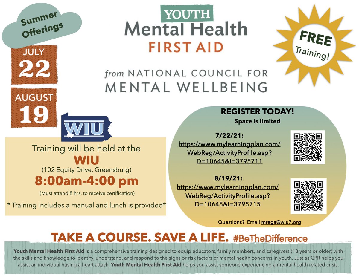 The pandemic has impacted youth mental wellness in our county.  There's no better time to become trained in Youth Mental Health First Aid!  There will be 2 summer offerings for FREE (Westmoreland County residents only) held at the WIU.  Register today! #BeTheDifference #YMHFA