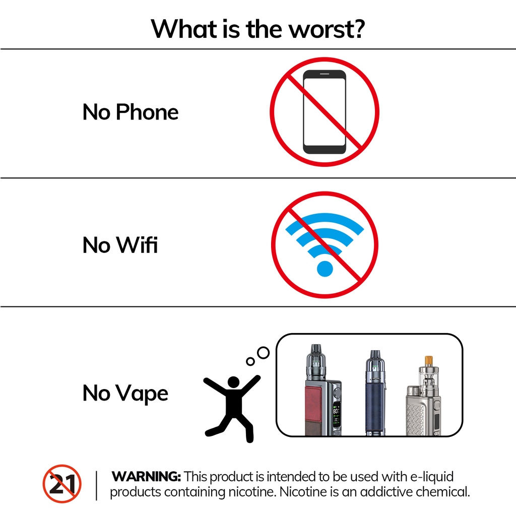 EleafGlobal's tweet photo. Which is the worst? No Phone📱, No Wifi or No Vape💨?
Warning: This product may contain nicotine. Nicotine is an addictive chemical. Our products are restricted to adults 21+ only. ⠀
#eleaf #eleafglobal #vapefun #vapefam #istickpower2 #isolor #istickpico2
https://t.co/R1k6rfm6cD