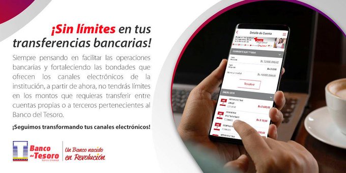 bcodeltesoro's tweet image. Te recordamos que las transferencias bancarias que realices entre cuentas propias y a terceros del Banco del Tesoro, no tienen límites. 

#CanalesElectrónicosBT