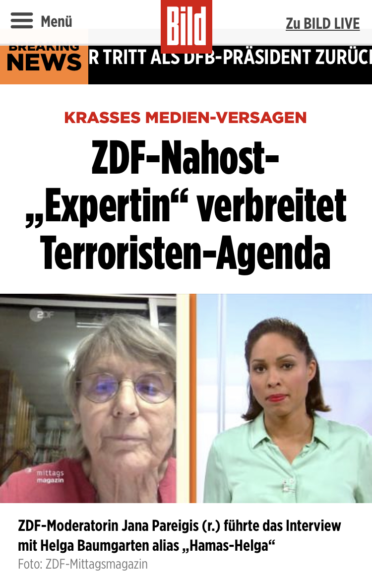 real_wildangel's tweet image. In Germany, BILD newspaper continues to discredit anyone trying to explain or represent #Palestinian perspectives or the context of the #Israeli occupation. In a baseless article they blame Prof. Helga Baumgarten of @BirzeitU for spreading a "terrorist agenda". Thread (1/4) 👇