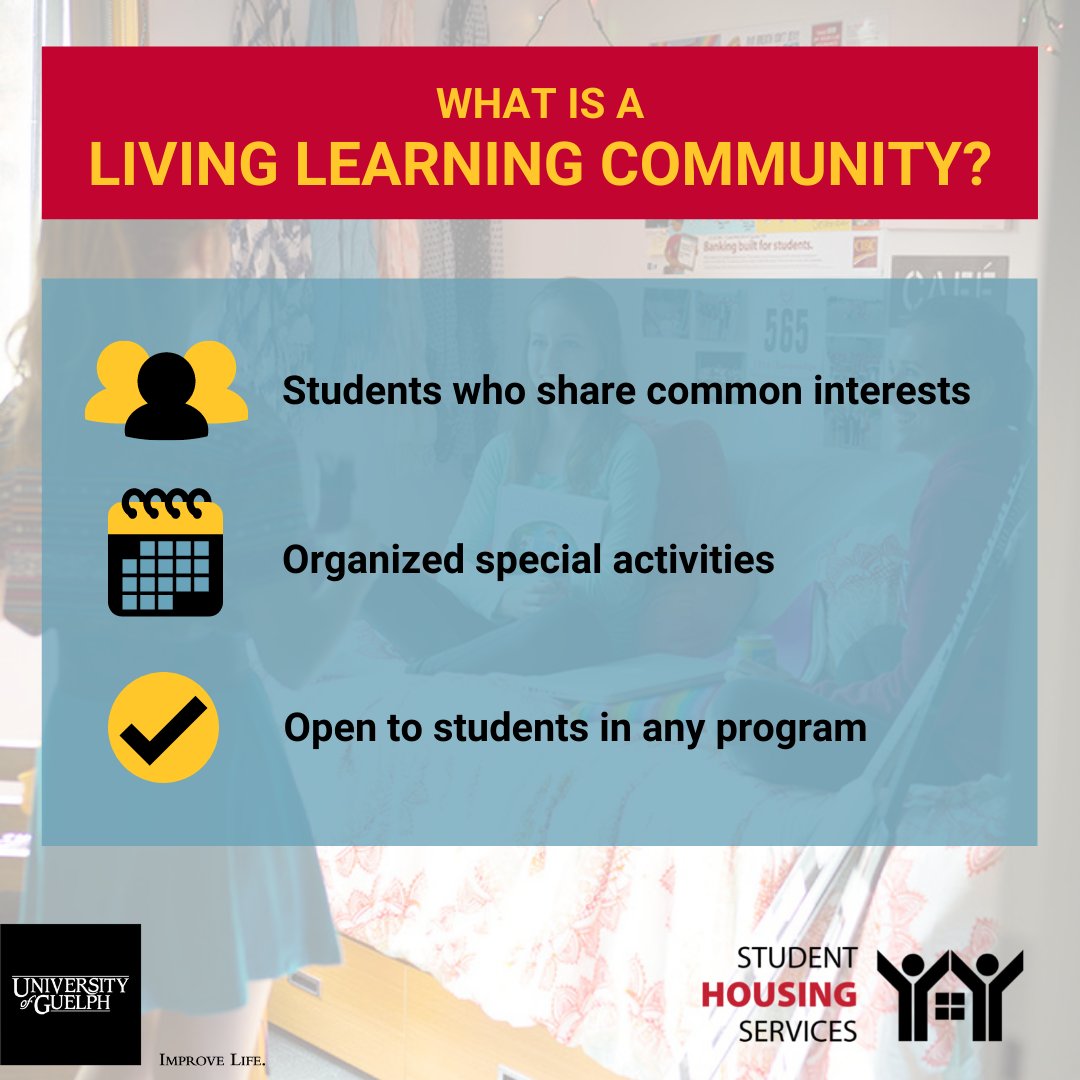 UofGHousing's tweet photo. Are you looking for a unique residence experience, surrounded by peers with similar interests? 

Check out our Living Learning Communities! 

Visit https://t.co/4rdVdftSVe for more information and be sure to select your preference in your housing application. 

#GryphonsLiveHere https://t.co/EfQDW6t5YV