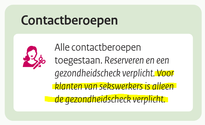 Er zijn geen aanvullende maatregelen vermeld bij openen van #prostitutie. Dus: - De gezondheidscheck moet worden uitgevraagd: zie rivm.nl/documenten/gez… - Geen reserveringsplicht - Geen registratieplicht - Geen sneltestplicht/toegangstest - Geen mondkapjesplicht Veel plezier!😉