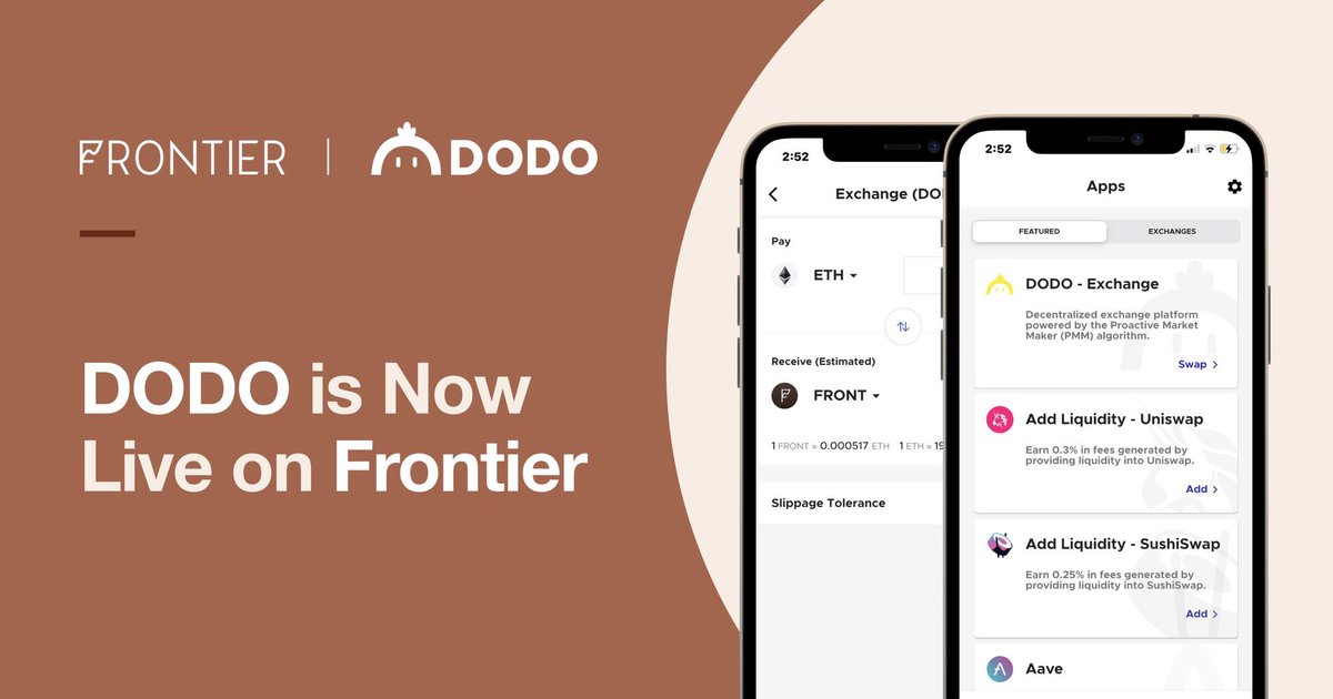 🐣 DODO is Now Live on Frontier! 

We're excited to announce DODO is now live on Frontier. Users can now seamlessly access DODO and swap assets by connecting ethereum wallets! 

Guide: bit.ly/DODO-Frontier

$FRONT $DODO #DeFi