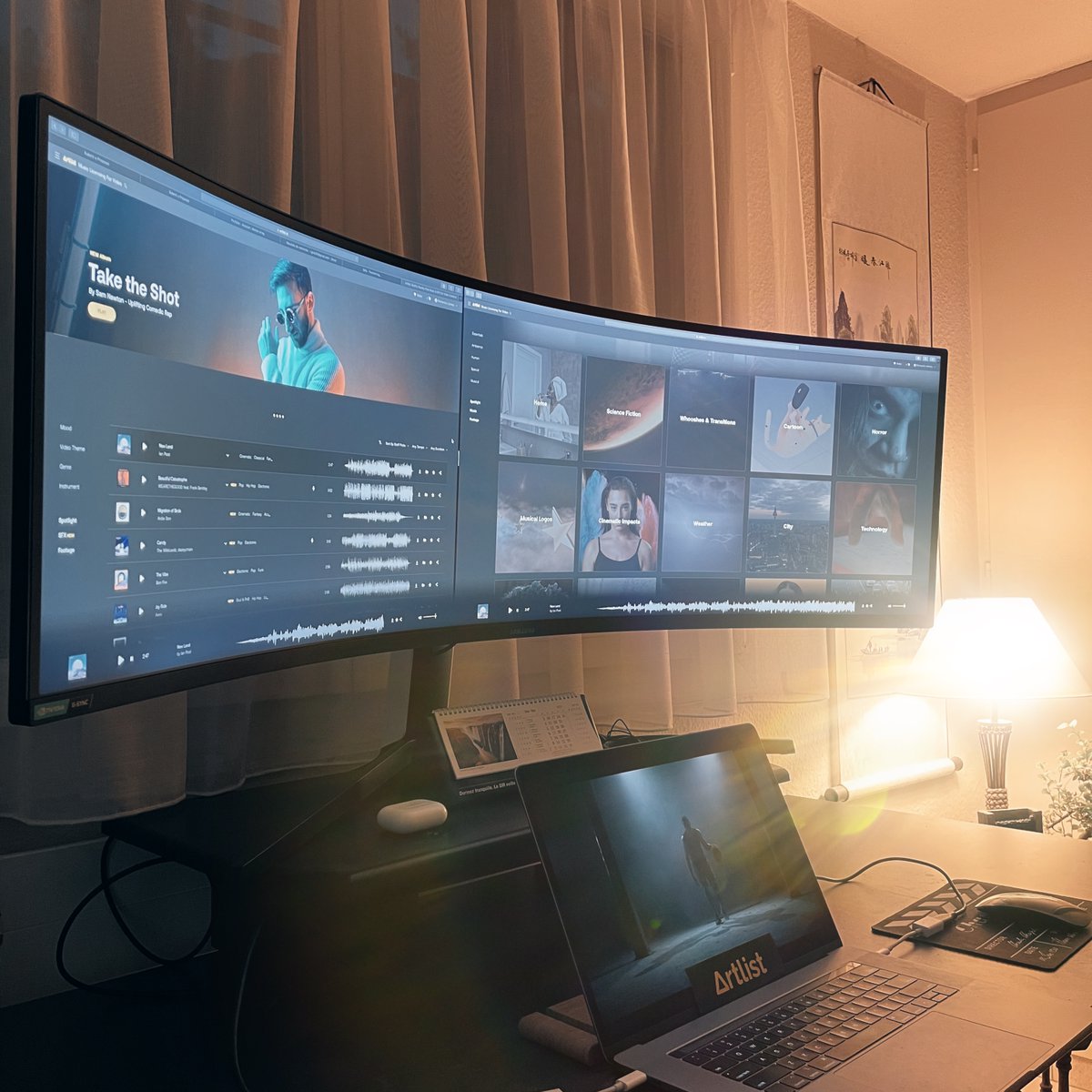 Artlist_io's tweet photo. Curved monitors - yes or no? 🤔
Nice #setup from #ALcreators Richard Grob to start the week with.
There's something really nice in #editing in front of a window, so you can stop for a second and get some inspiration 🧘
#editstation #workstation #desksetup https://t.co/z62UEstY6K