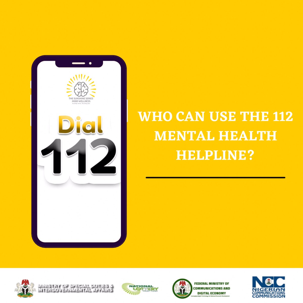 _sunshineseries's tweet photo. Are you wondering who is eligible to use the 112 mental health helpline?
The 112 Mental Health Helpline is currently available to only residents in the FCT and its suburbs for now but as time goes on, we are looking to expand to other states in the country.
#TheMindwheelProject https://t.co/YpXZEsL99u