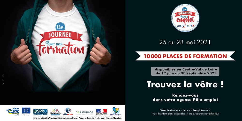 FTravail_CVL's tweet photo. RDV du 25 au 28 mai pour participer à l'évènement  #1journee1formation▶️10000 places de #formations proposées jusqu'au 30 septembre en #CentreValdeLoire !⤵️
Tout le programme sur https://t.co/Tfcb7HX9Rh https://t.co/s2P6mGS8Gu