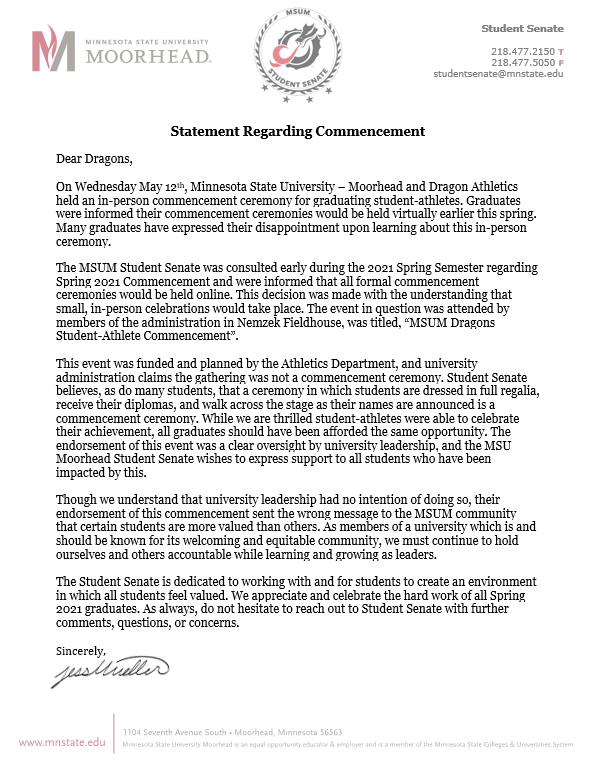 MSUMStuSen's tweet photo. Student Senate continues to commit to student-centered actions for all University activities. Here is our statement regarding commencement: 
(full document is available on Dragon Central) https://t.co/gLWWlEtst6