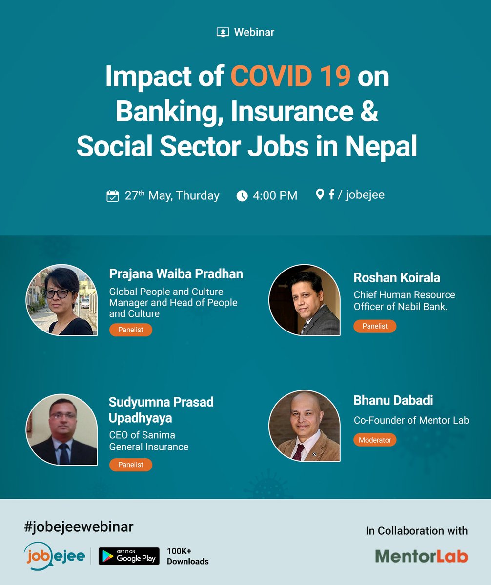 jobejeenepal's tweet photo. #Webinar on The #Topic: "Impact of #COVID19 on Banking, Insurance & Social Sector #Jobs in Nepal"
For registration click here: https://t.co/HytmgaSo0o
#jobejee #jobsearch #jobejeewebinar #jobejeeemploymentindex #employmnetindex #staysafe #JobsinNepal #stayhome #staysafeStaysafe https://t.co/pxonJ2WwiG