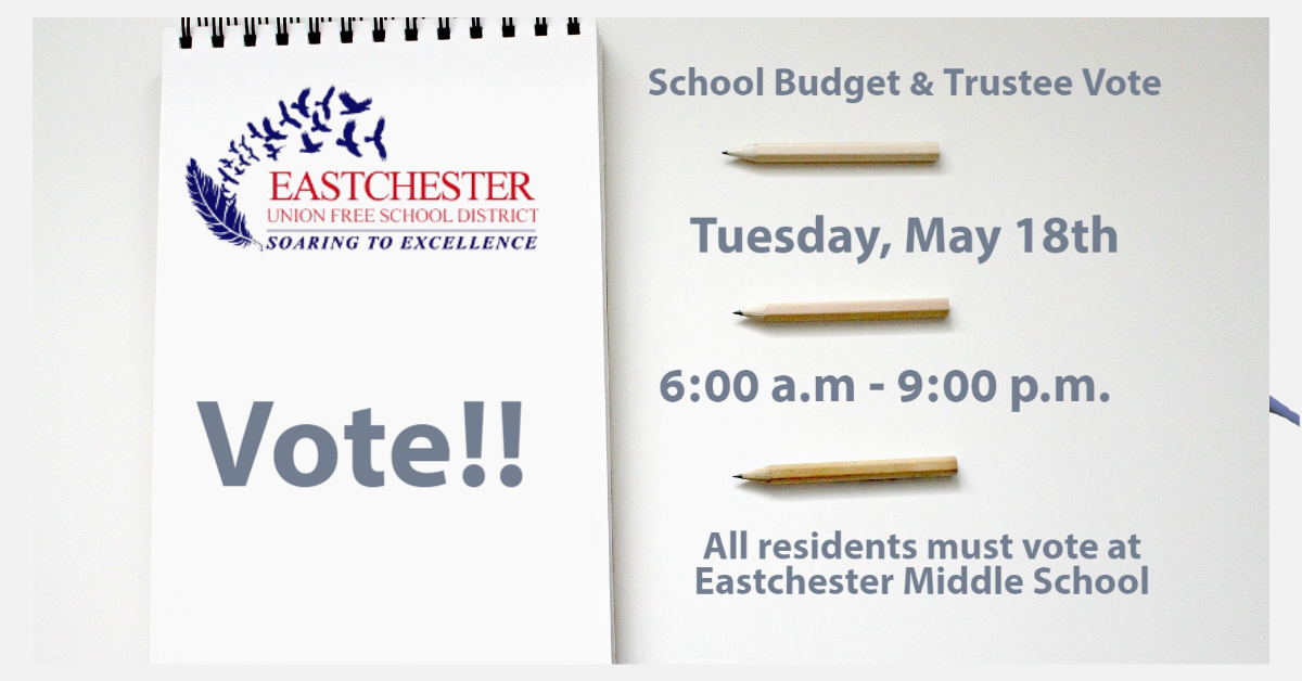 Eastchester School Budget &amp; Trustee Vote is tomorrow, May 18th. Log onto eufsdk12.org for more information. #eufsdexcellence <a href="/glasr333/">Rob Glass</a>