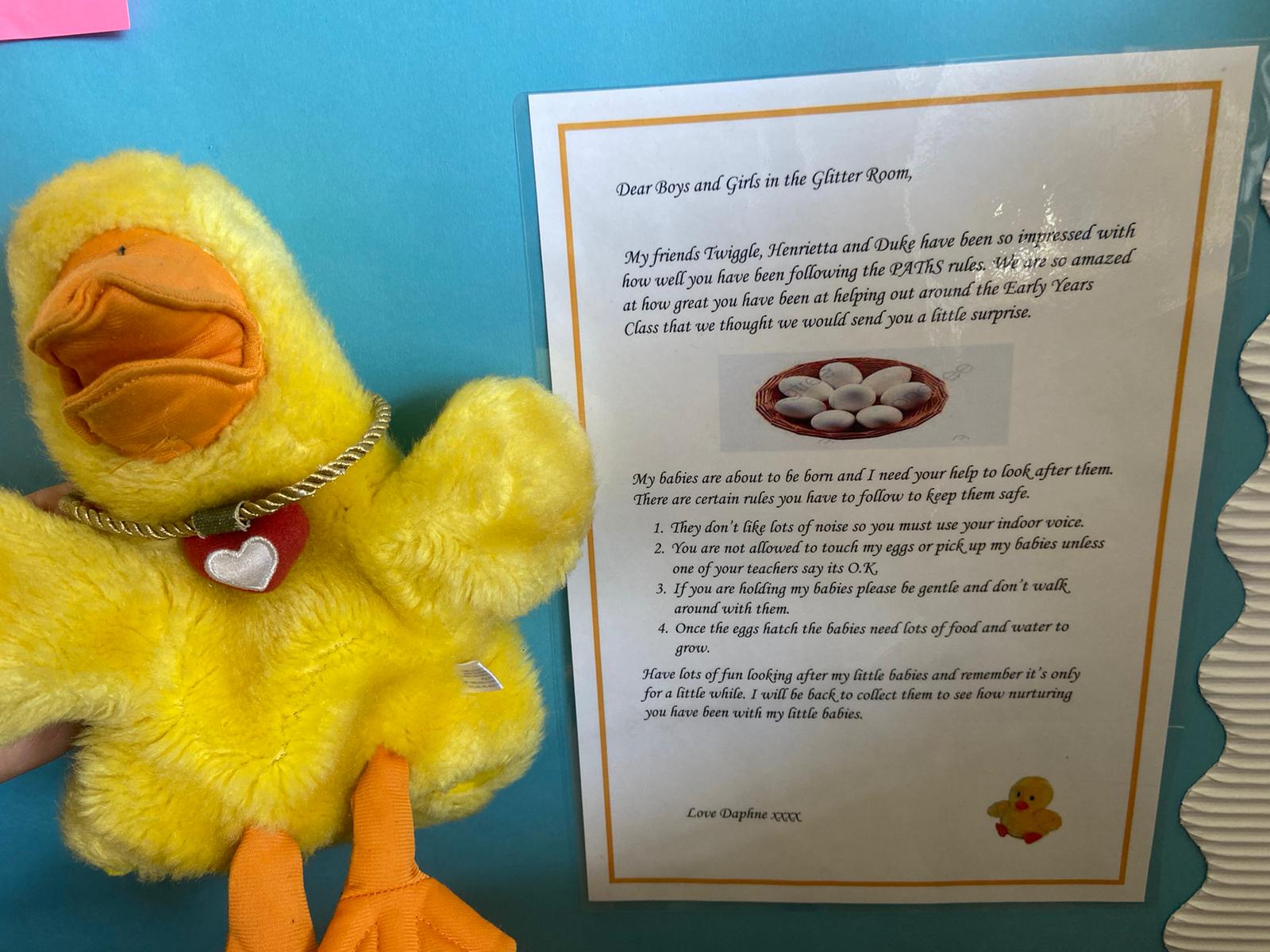 Beith Primary School And Early Years Class Today Daphne The Glitter Rooms Paths Puppet Sent Us A Little Surprise She Has Sent Us 5 Of Her Little Duck Eggs