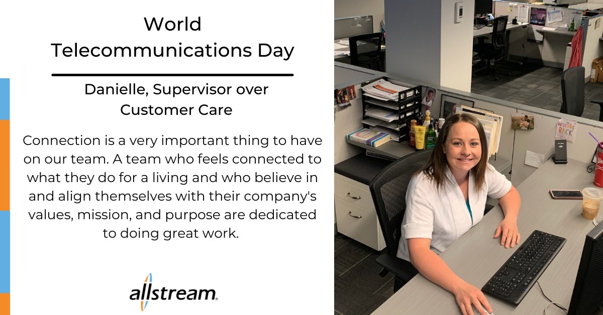 Allstream's tweet photo. #WorldTelecommunicationsDay
Today we're shining a light on individuals across #Allstream who keep our customers connected, those who keep our business running, and live our #values!

Today, we are focusing on #connection
______
Meet Danielle, a supervisor in Customer Care! https://t.co/iM0bUvgaYA