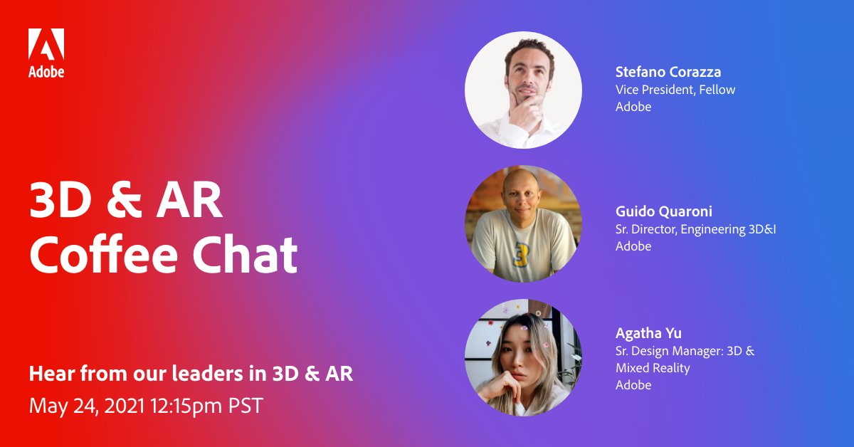 Join Adobe leaders on May 24th at 12:15 pm PST for our 3D & AR Coffee Chat. During this event, you'll learn about our teams, the challenges they are working on, and opportunities to join the team. Register here: 3darcoffeechat.splashthat.com #Adobelife #Adobecareers #3dart