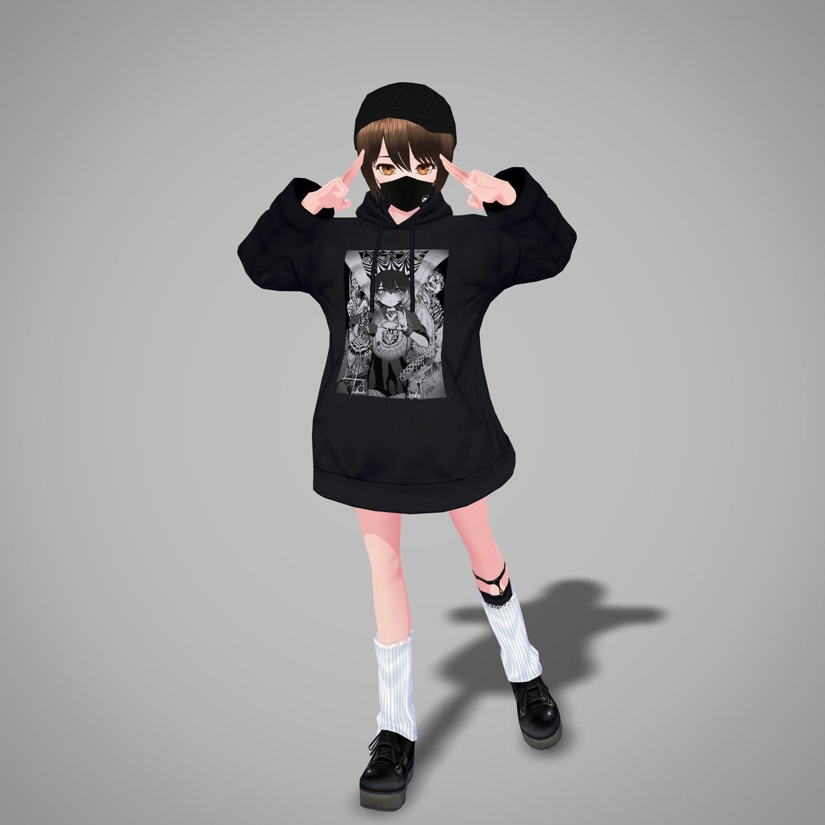 FumiFumi2019's tweet image. 吸血さんのルーズソックスを中心に真っ黒コーデしてみた
#ProjectABYSS さんの千洋さんパーカーをちょいダボ目にして、#DUALITY さんのベースボールキャップとマスクで完全防備しました😌✨
千洋さんの大きめなプリントがめっちゃ合う〜☺️✨

#VRoid #VRoidフォト #VRoidPhoto #VRoidファッション