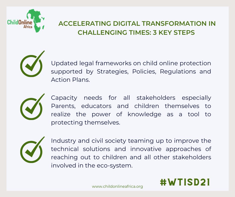 "Accelerating digital transformation in challenging times” focus of <a href="/WSISprocess/">World Summit on the Information Society (WSIS)</a> #WTISD2021 and <a href="/COnlineAfrica/">Child Online Africa</a> call to make #COP part and parcel of #Africa's digitization. <a href="/_AfricanUnion/">African Union</a> <a href="/atu_uat/">African Telecommunication Union</a> <a href="/ITUAfrica/">ITU Regional Office for Africa</a> <a href="/ITUDevelopment/">ITU Development</a> #WTISD21 #AWA4COP #KaaMacho