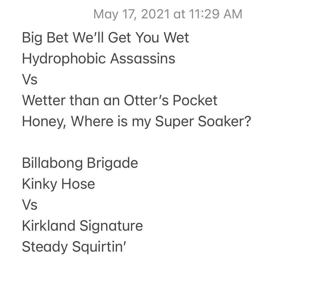 HHSWaterWars21's tweet photo. ROUND 3 TEAM UP

Every team has been paired up to face off against an opposing paired team

You and your paired team will have to come together and eliminate the opposing pair

Only the winners move on

(Team generation is in the reply)

Matchups: https://t.co/okrc5EyoOw