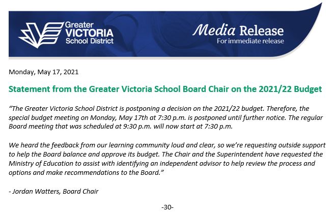 sd61schools's tweet photo. MEDIA RELEASE: Statement from the Greater Victoria School Board Chair on the 2021/22 Budget https://t.co/4E4FM2mUoN #sd61learn https://t.co/L1H85iZrll